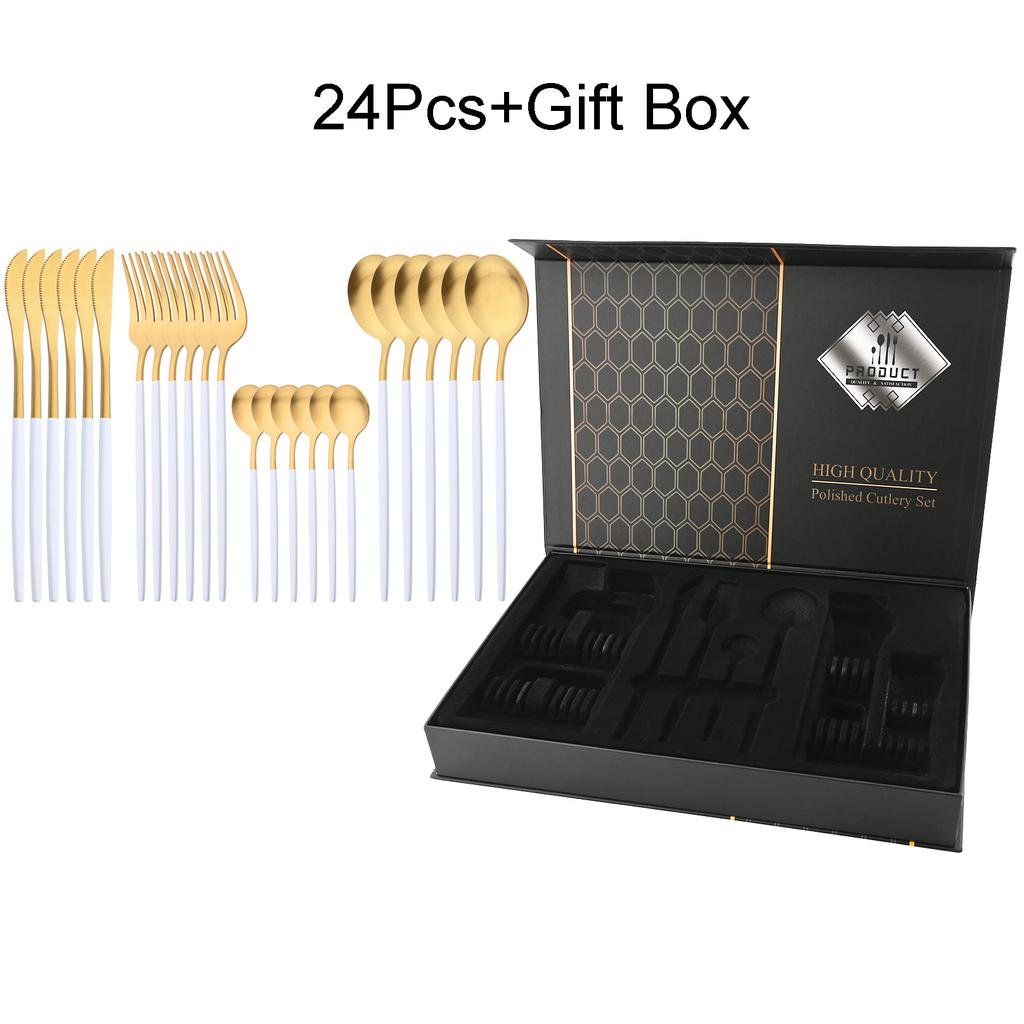 24-teiliges Luxus-Geschirrset aus schwarzem Gold, Messer, Gabel, Löffel, Besteckset mit Geschenkbox, Edelstahl-Geschirrset, Küchenbesteck, spülmaschinenfest