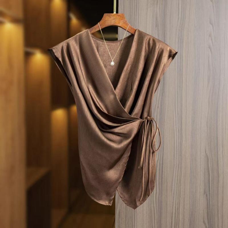 Elegant Casual Blouses V-neck Short-sleeved Open Placket Waist Tie Glossy Champagne Sedin Spring and Summer Women's Shirt