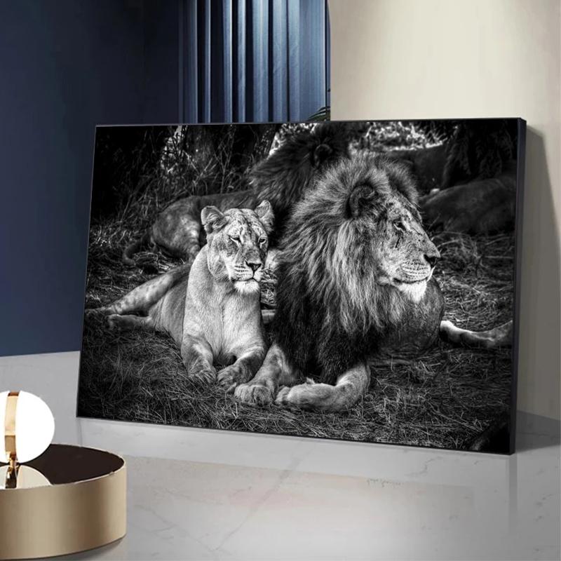 Quadro Su Tela 3 Pezzi Cucciolo Di Leone E Leonessa In Bianco E Nero – 40x60cm, Stampa Animali Safari Per Cameretta Baby E Decorazione Parete, Senza Cornice
