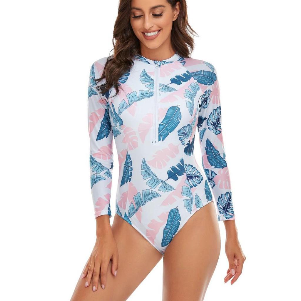 New Women's Long Sleeve One-Piece Swimsuit - European American Solid Color Patchwork Surfing Suit