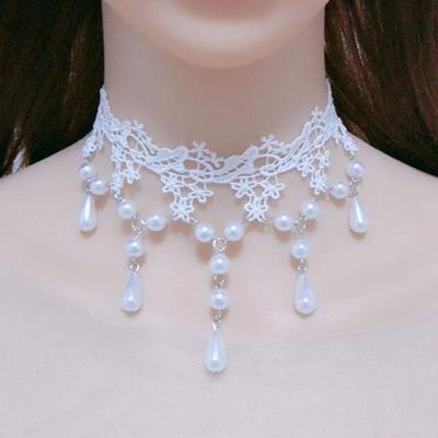 Women Party Necklace Hollow Out Lace Faux Pearl Decor Tassel Prom Cosplay Halloween Carnival Choker Wedding Performance Neck Jewelry