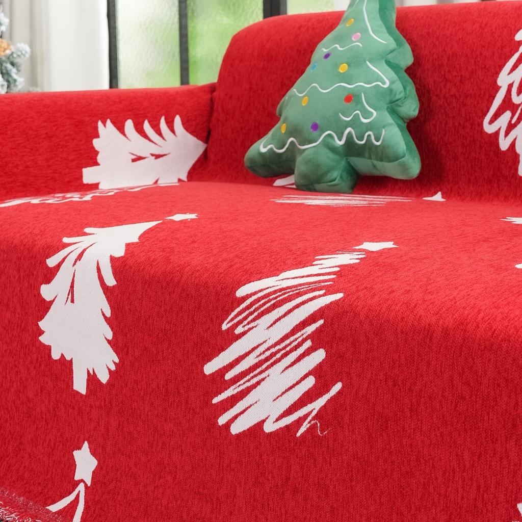 Christmas Tree Jacquard Chenille Sofa Towel with Tassels Holiday Decor for Living Room Couch Cover