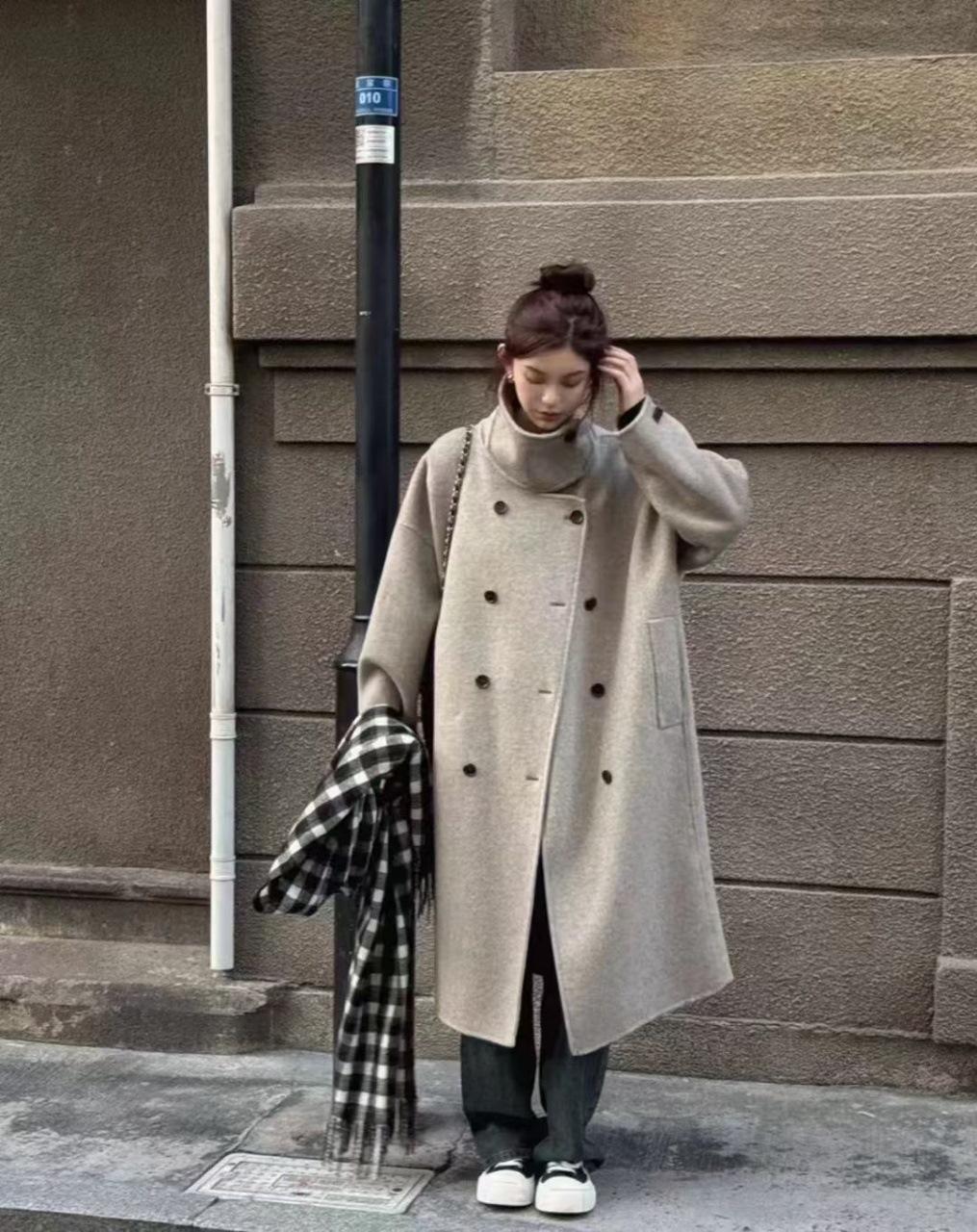 

Осень и зима новая стойка воротник шарф двустороннее кашемировое пальто для женского свободного высококлассного кокона шерстяное пальто для женщин M 125-77.5 kg