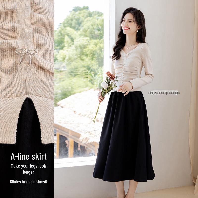 

Mokana Women s Autumn/Winter Long-Sleeve A-Line Midi Dress One Size