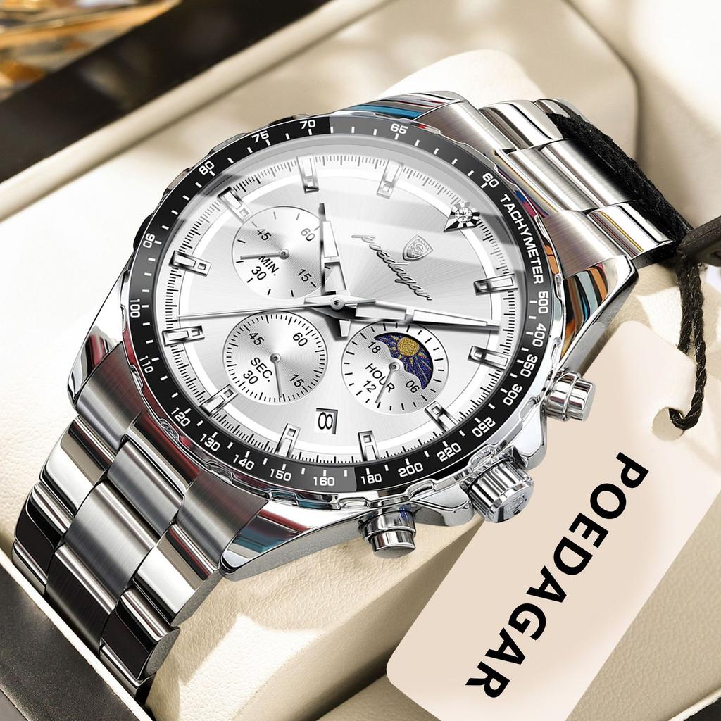 POEDAGAR Luxus Sportuhr für Herren Wasserdicht Leuchtend Datum Chronograph Herren Armbanduhr Edelstahl Herren Quarzuhren+Box