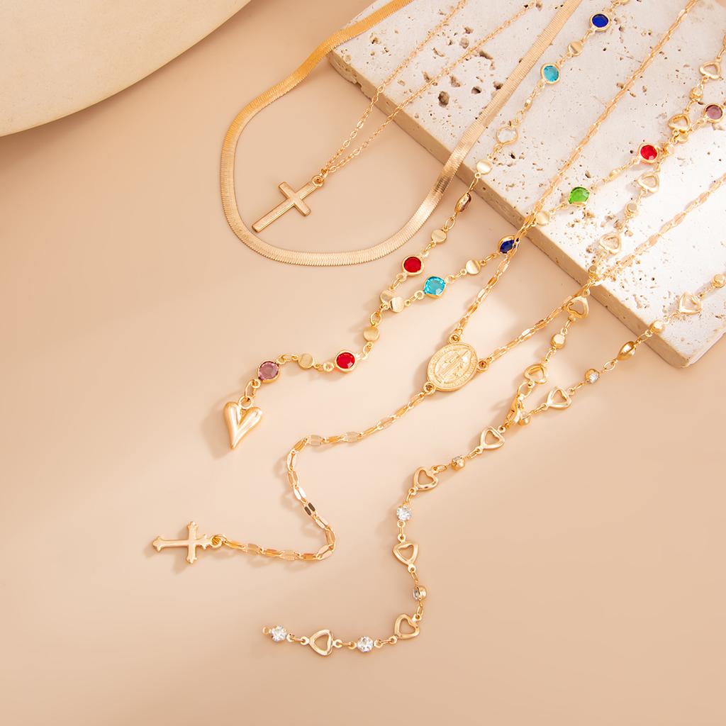 Ingemark Lot de 5 Colliers Ras-du-cou Pendentifs Croix Créatifs Colorés Vintage pour Femmes Tendance Exquis Chaîne Dorée Bijoux Cadeaux
