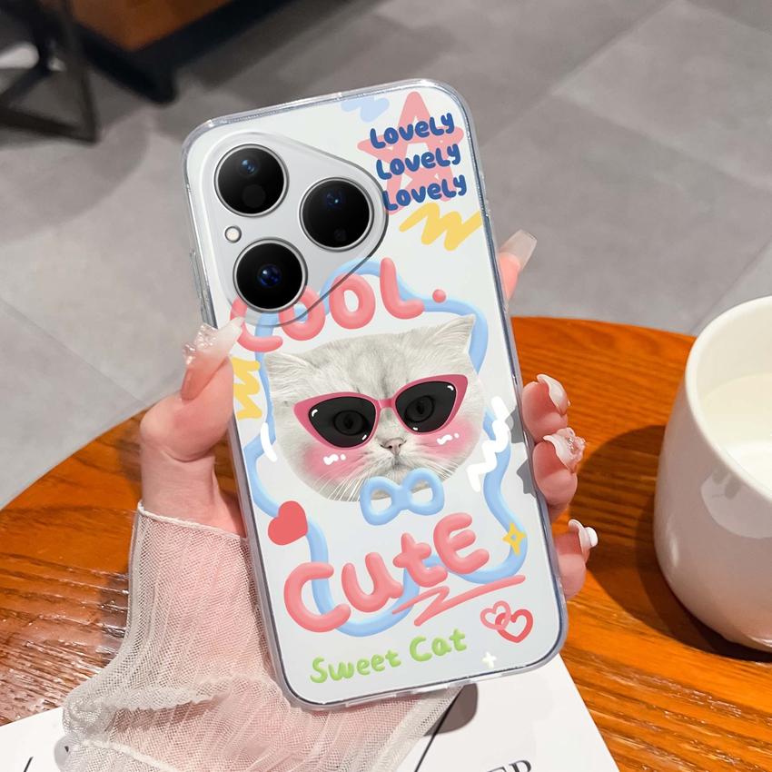 For Huawei Pura 80 70 Pro Plus Ultra Honor X6C 8C Phone Bags Cute Big Eyed Black Cat Patterns Luxury Transparent Lens Protection Case For Huawei Shell