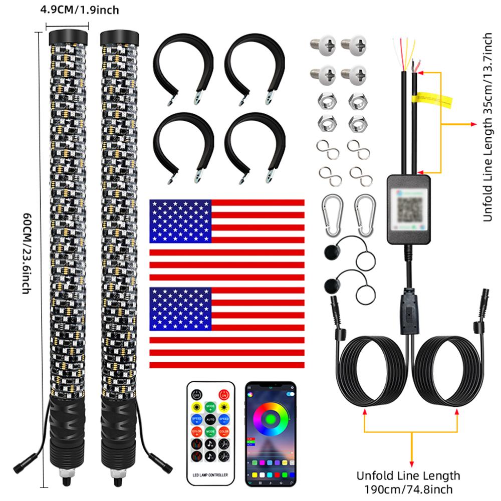 2PCS RGB LED Antennas RZR 2FT LED Whip Lights App & Remote Control Spiral RGB Chasing Music Whip Light Sequential Lights for ATV