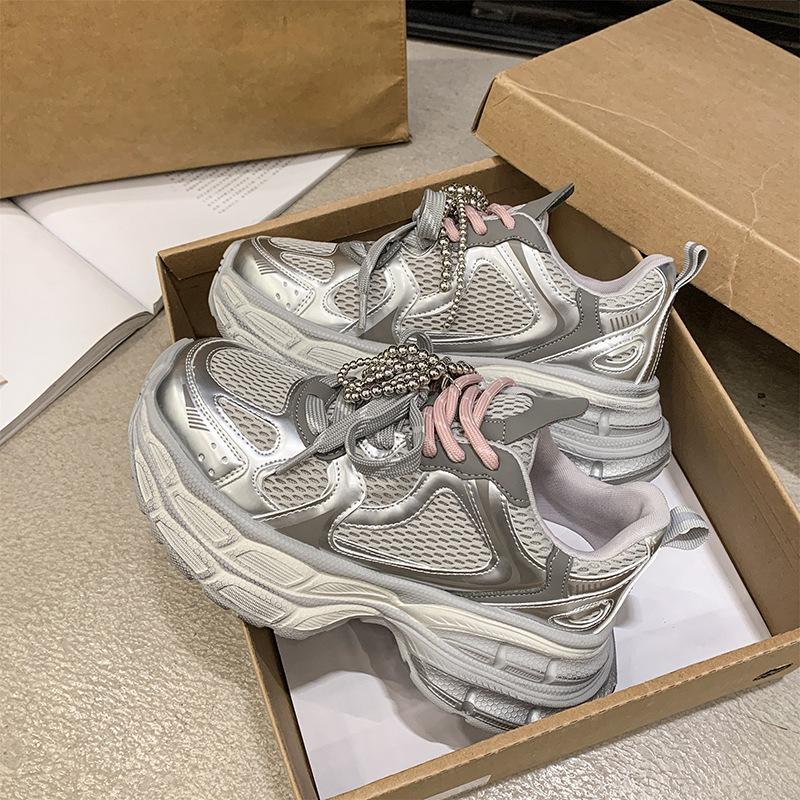 

Двухслойные кроссовки на толстой подошве, сетчатые, с увеличением высоты, на шнуровке, повседневные для женщин 40 серебряный