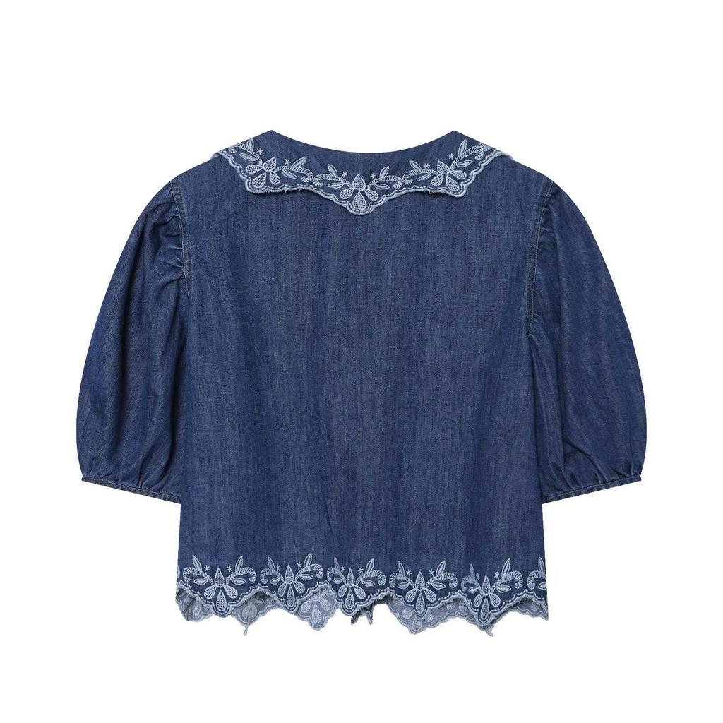 Trendy Puff Sleeve Embroidered Tassel Shirt with Lace Collar - European & American Women's Fashion