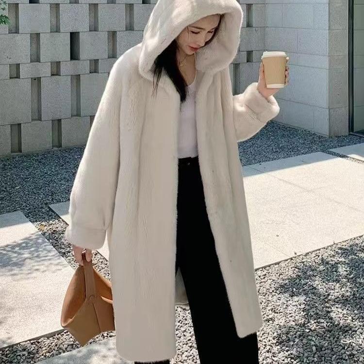 Women Faux Fur Coat Solid Hooded Long Fur Coat Fluffy Luxury Loose Casual Outerwear Winter