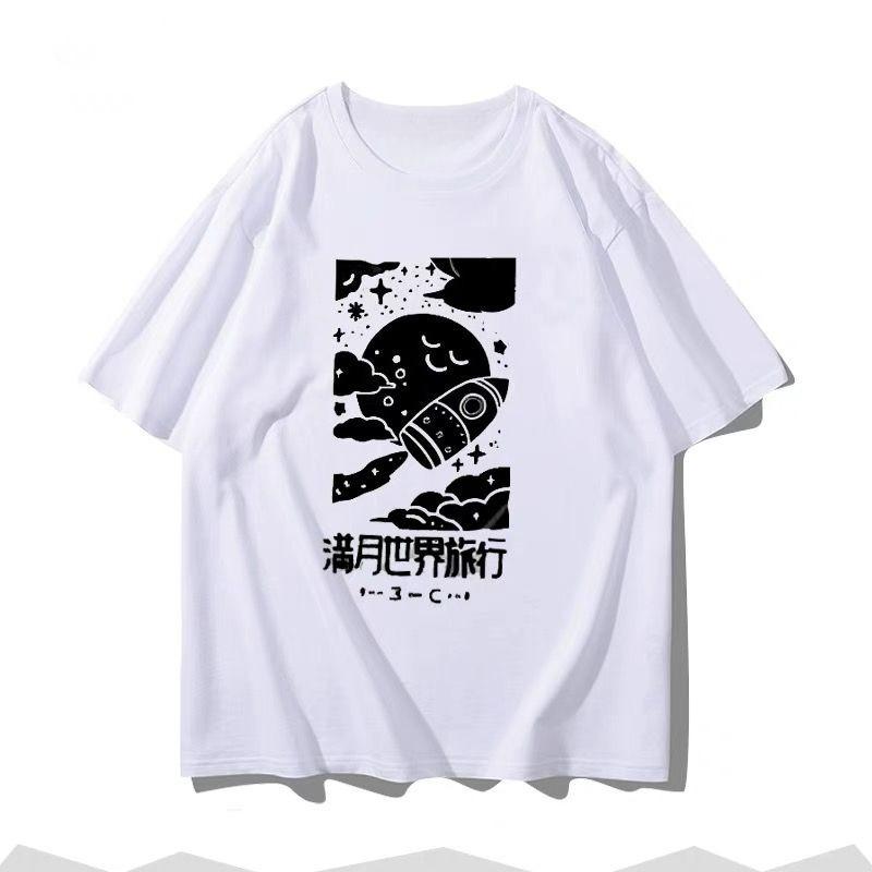 

Summer Men s Moon Print Round Neck T-shirt Unisex Street 100% Pure Cotton Soft Breathable Plus Size Short Sleeved Shirt 4XL