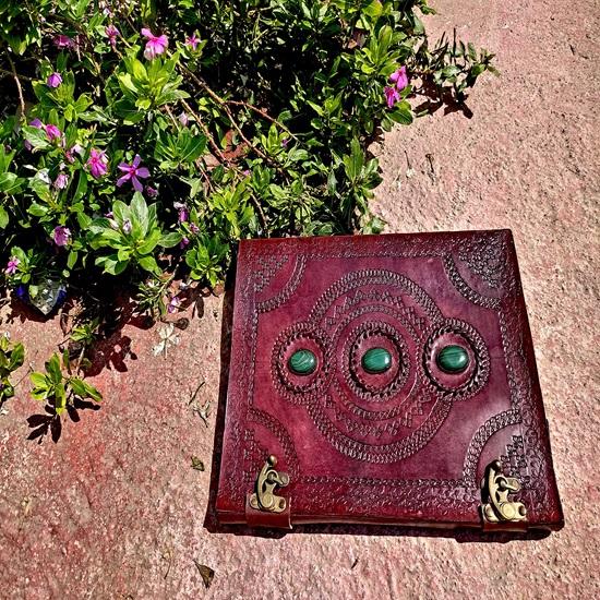 Embossed 3 Page Diary with Green Stone and Metal Lock Handmade