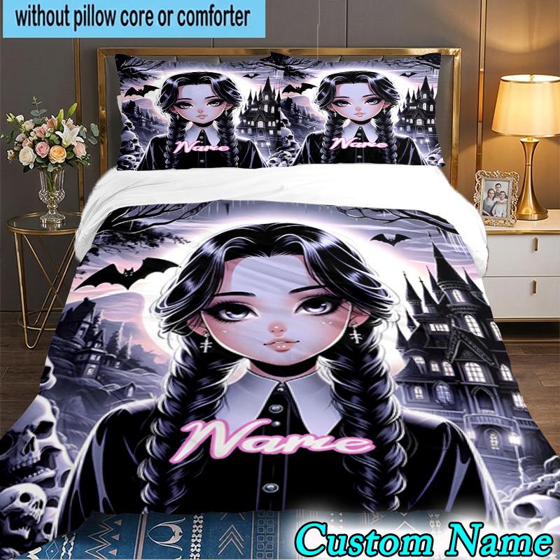 3PCS Custom Name Gothic Addams Bedding Set Printed Duvet Cover Closure Includes 1 Duvet Cover & 2 Pillowcases for All Seasons Bedroom Decor