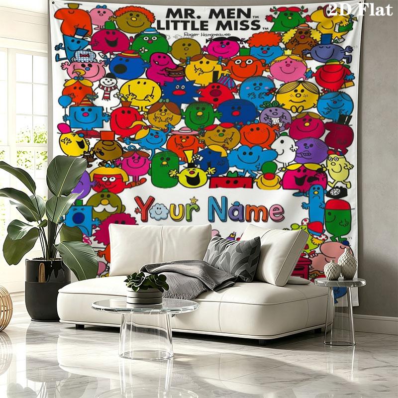 Mr. Men Little Miss Custom Name Wall Tapestry Aesthetic Wall Hanging Printed Fabric Blanket Decorative Tapestries for Bedroom Living Room Home Decor