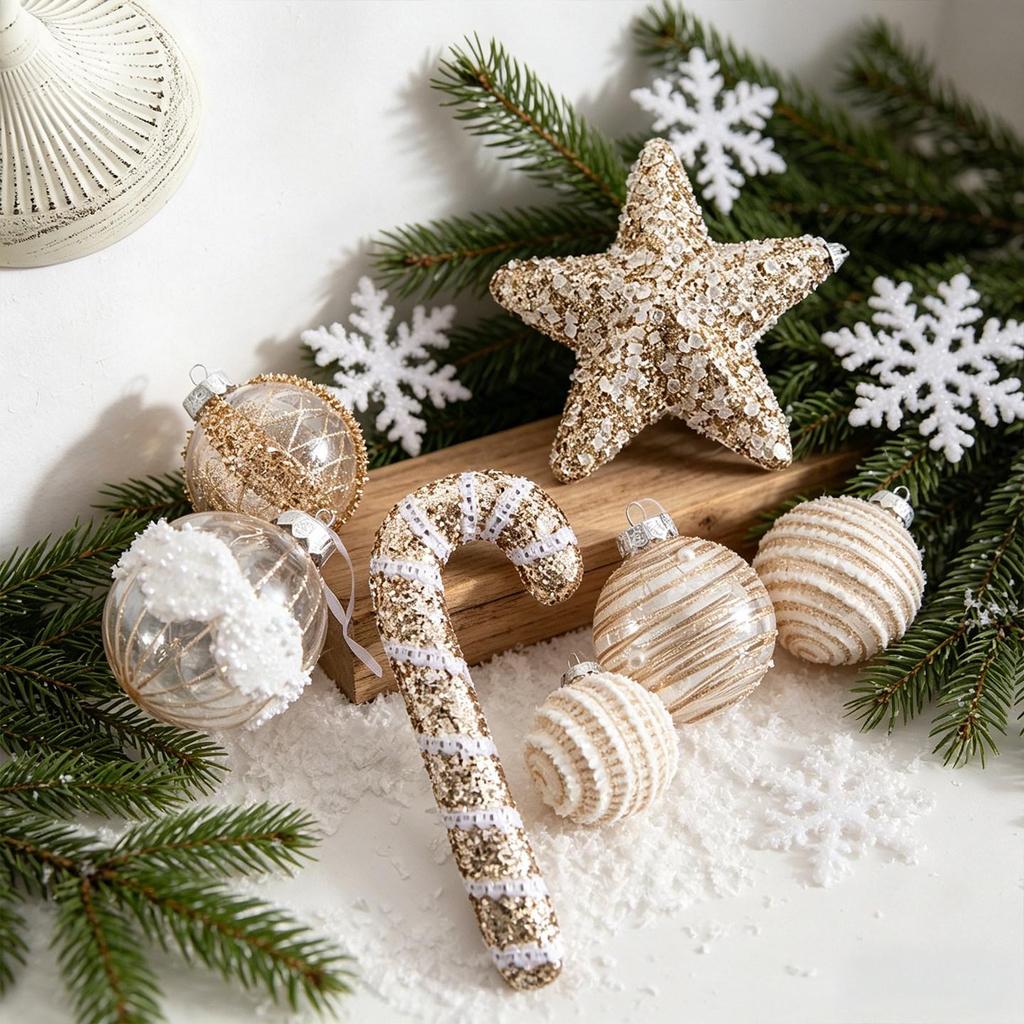 Champagne Gold Christmas Tree Ornaments: Spherical, Pine Cone, and Snowflake Shapes.