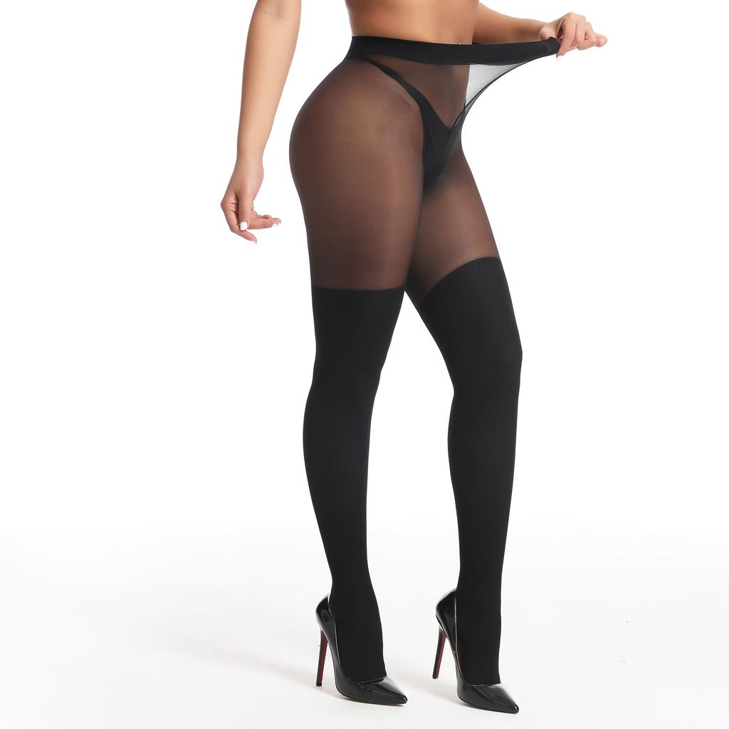 1 Pair Elegant Black Women'S High-Waist Sheer Tights - Stretchy Nylon/Spandex Blend, Vertical Stripe Jacquard Design, Perfect for Spring & Fall