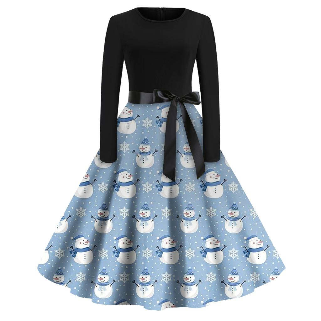 Christmas Print Flare Dress For Women Long Sleeve Dress Hollow Party Casual Dresses