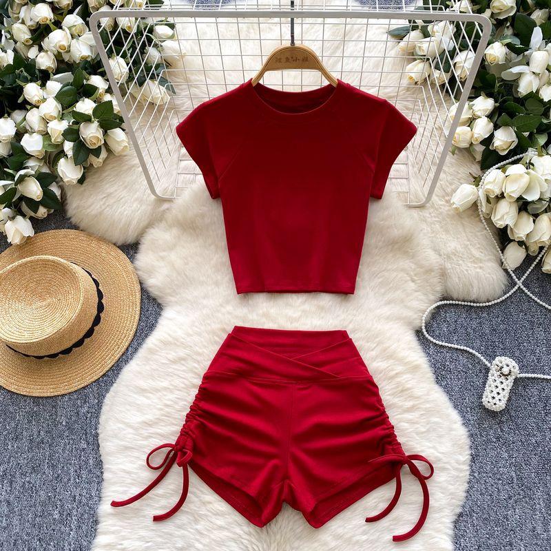 

American Casual Exercise Yoga Clothes Suit Sexy Short Silm T-Shirt Drawstring High Waist Hip Bag Shorts Two-piece Set Red One size