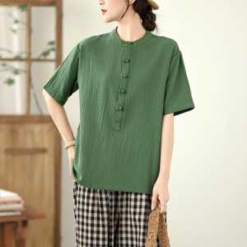 

Women s Mustard Yellow Stand Collar Half-Sleeve Blouse Button Detail Loose Casual Linen Blend Shirt L зелений