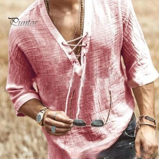 Summer Men Shirt Lace-up V Neck Mid Sleeves Loose Pure Color Pullover Retro Daily Wear Quick Dry Thin Casual Mid Length Top