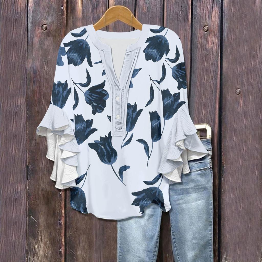 Women's Summer Tops V Neck Three-quarter Sleeves Floral Print Flowing Ruffle Sleeves Half-button Shirt