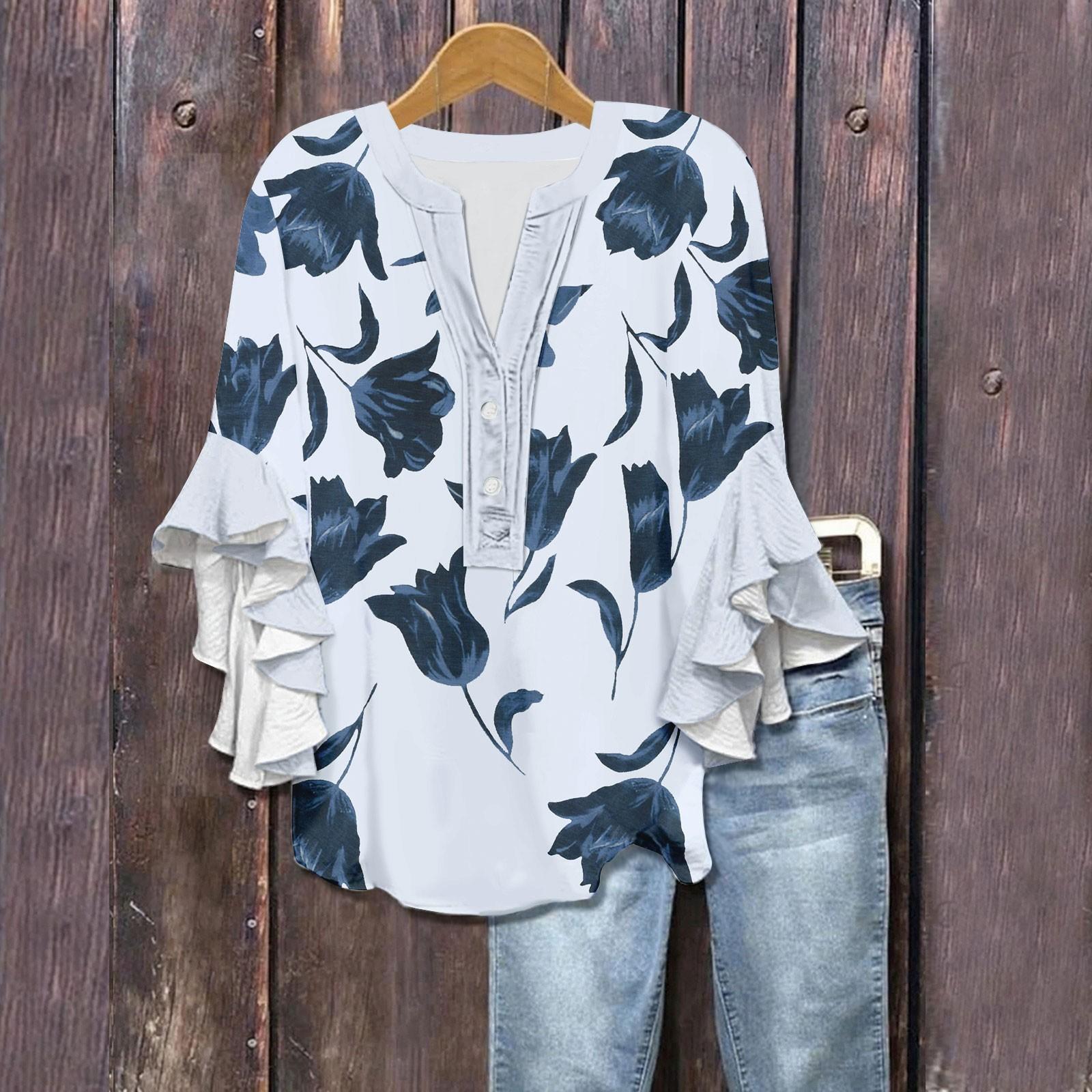 

Женские летние топы с V-образным вырезом, рукавами три четверти, цветочным принтом, летящими рукавами-рюшами, рубашка на половину пуговиц XL белый