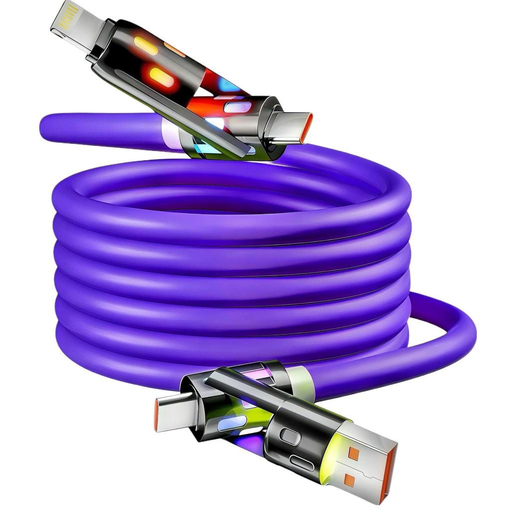 PD3.1 4-in-1 6A Fast Charging Cable with Dual-Light, Compatible with Apple, Type-C, Huawei, and Car Chargers.