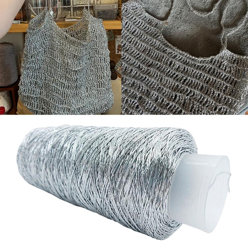 200g/Roll Metallic Crochet Thread, Sparkling Silver Polyester Yarn for Knitting, Weaving, Making Bag, Keychain Charm