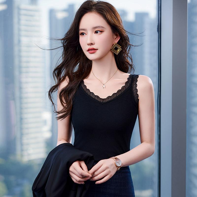 

Solid color high elastic sling vest for women, spring and summer new suit with bottoming shirt and slim lace top s code 40-45kg чёрный
