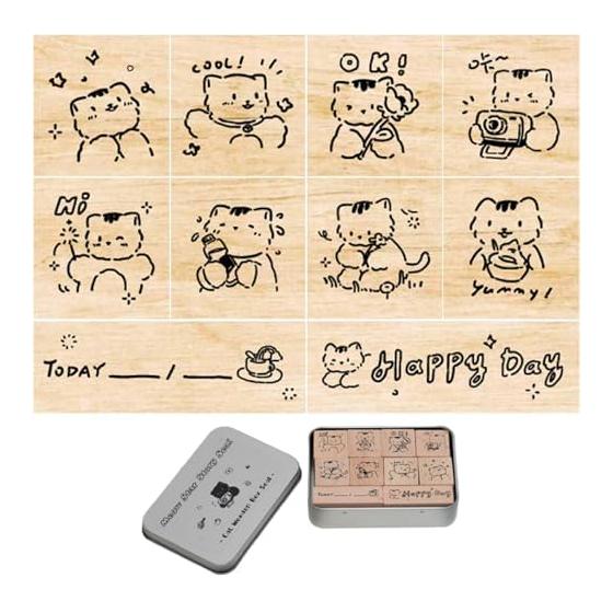 Wooden Stamp Set of 10 Stamp Set Stamp with Storage Box Cat Cute Cat Wooden Rubber Stamp Set for Scrapbooking Scrapbooking Craft Card Notebook