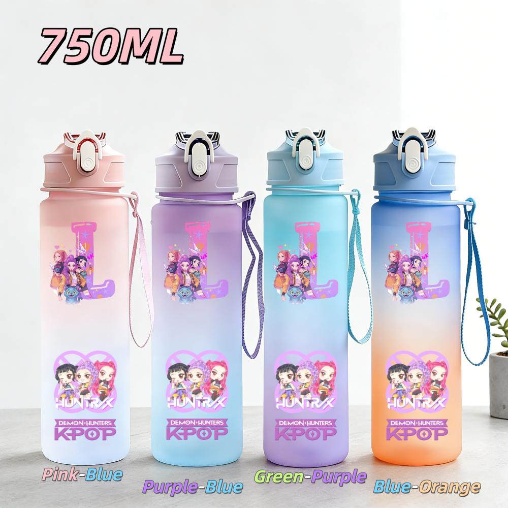 

750ML Anime KPop Demon Hunters Sports Water Bottle Leak Proof Colorful Straw Cup Portable Water Bottle designed for Outdoor Sport Fitness Purple-Blue