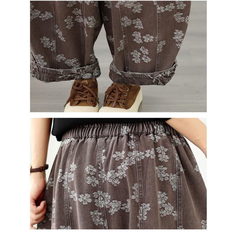 DIMANAF 2026 Autumn Winter New Plus Size Women Jeans Long Pants Floral Print Elastic Waist Loose Casual Denim Cotton Thick Trousers Vintage Lady