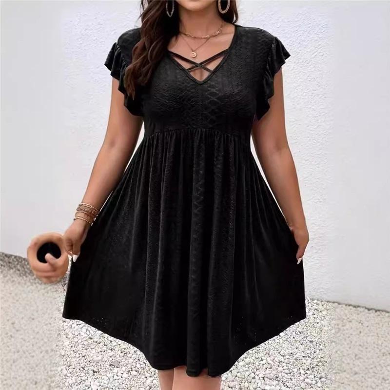 Женское платье большого размера летнее жаккардовое с рукавом-листом лотоса V-образным вырезом до колена одежда распродажа 4XL чёрный