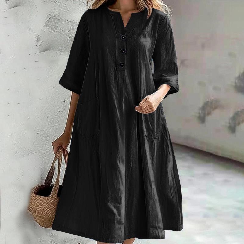 Women's Mid-Length V-Neck Cotton-Linen Dress with Short Sleeves and Three-Button Pockets