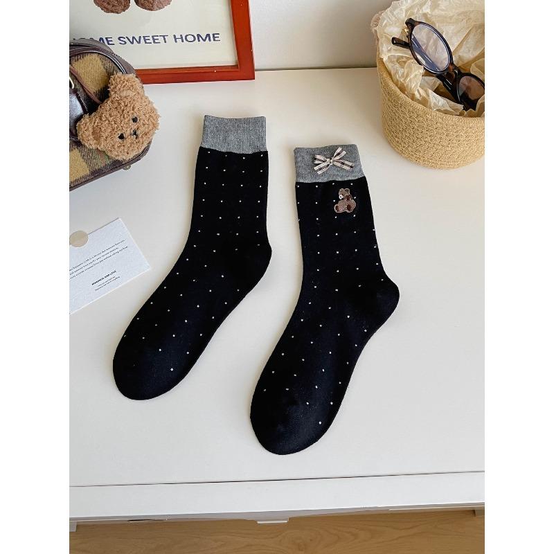 Autumn and Winter Bear Embroidered Bow Cartoon Versatile Mid-calf Socks for Women In Contrasting Colors Cute Cartoon Dot Pile Socks