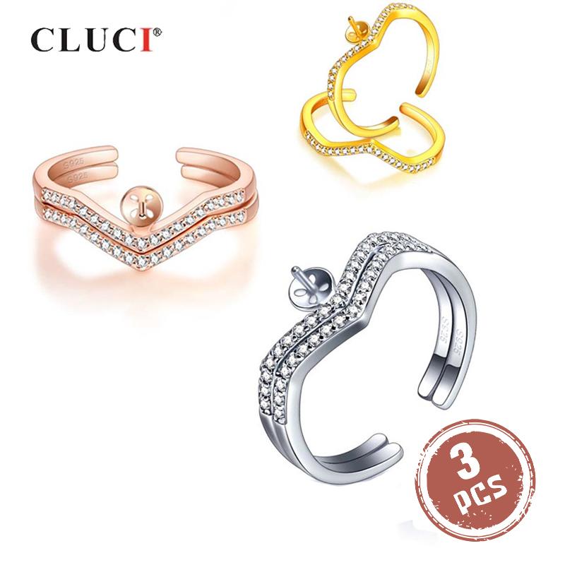 CLUCI 3pcs Silver 925 Crown Ring Jewelry for Women Wedding Zircon Pearl Ring Mounting 925 Sterling Silver Crown Ring SR2217SB resizable