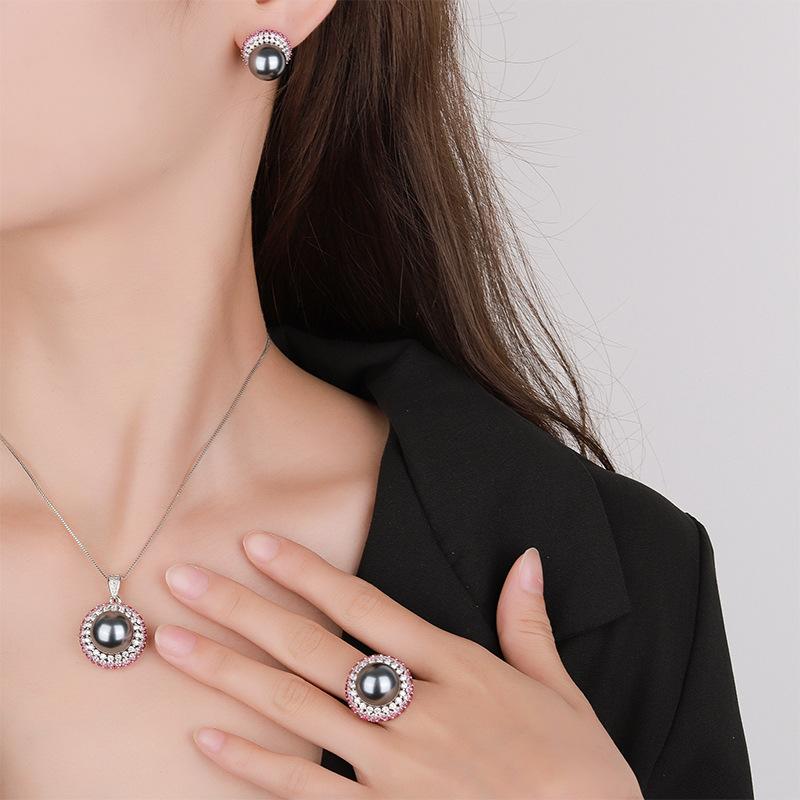 Jewelry Copper Bottom Gold-Plated Simulation Color Treasure Inlaid Gray Pearl Jumping Color Three-Piece Set Women 14-12Mm