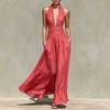 European and American sexy neck deep v-neck dress linen waist thin pendulum sleeveless long holiday dress