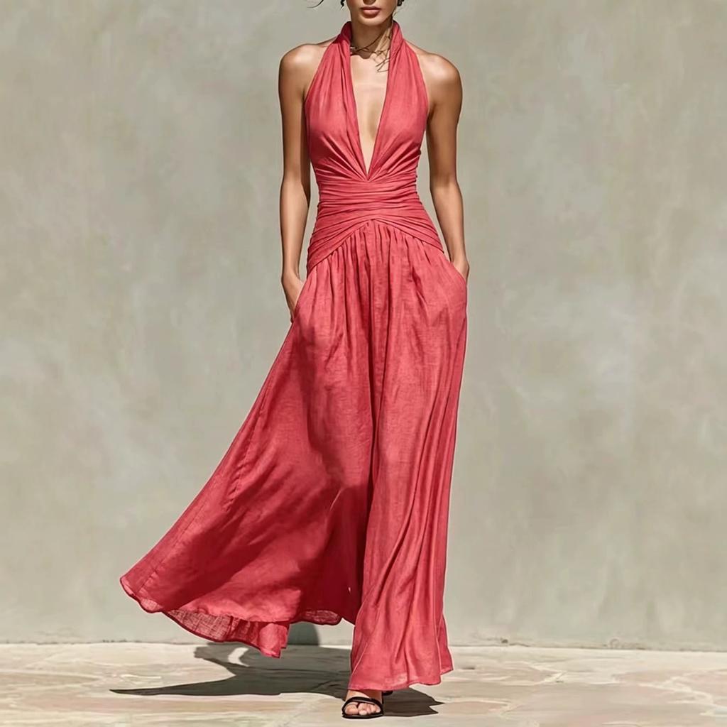 European and American sexy neck deep v-neck dress linen waist thin pendulum sleeveless long holiday dress