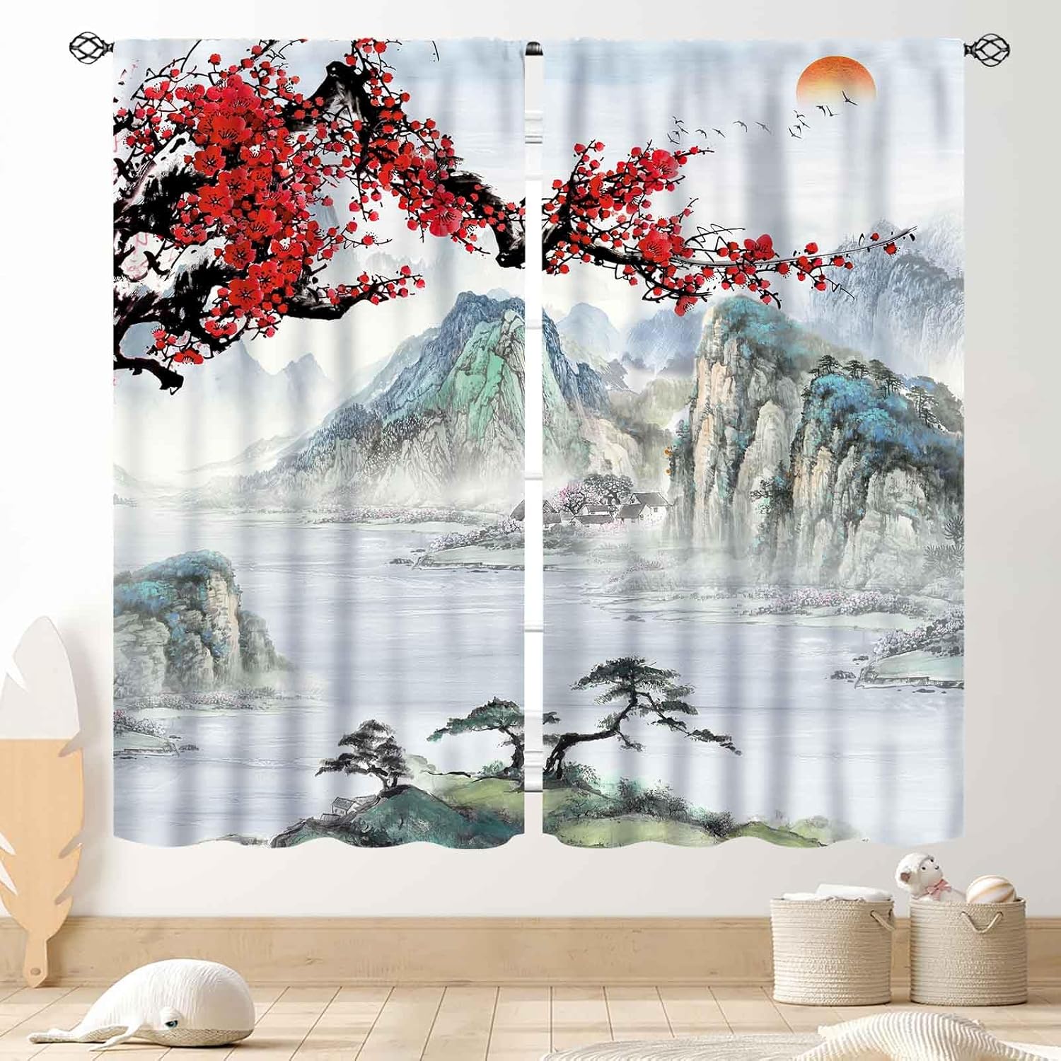 Asian Curtains Bedroom Traditional Ink Painting Nature Landscape Mountains Cherry Blossoms Floral Oriental Art Japanese Sty Polyester Sleeping Area W100*H70(CM)-Hooks&1PCS