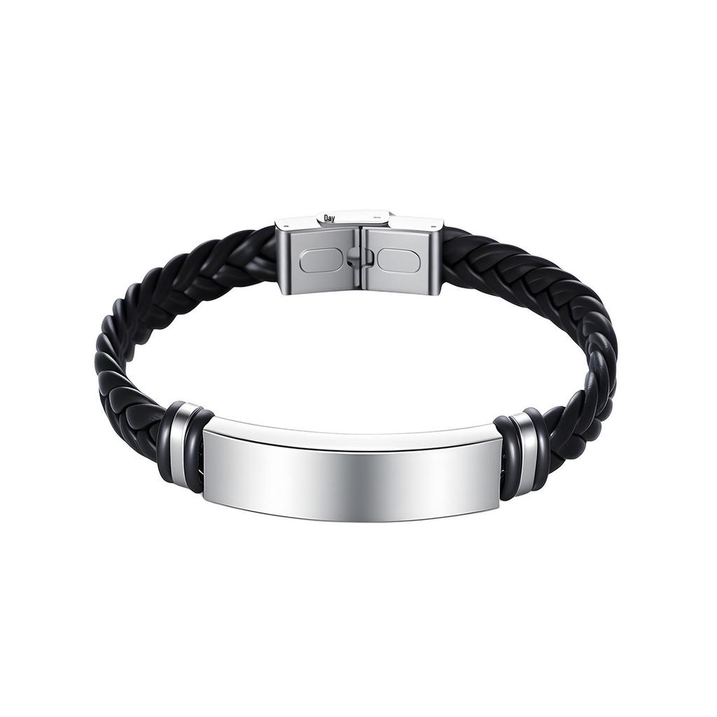 European & American Minimalist Braided Leather Bracelet with Engravable Stainless Steel Plate