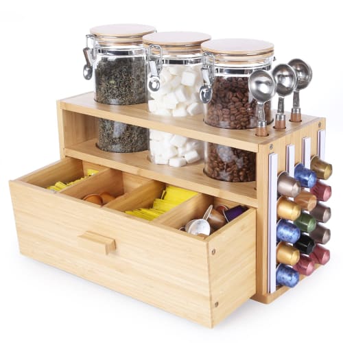 Ken's Kitchen Coffee Bean Storage Containers, Glass Canisters with Lids and Spoons, Coffee Beans, Coffee Grounds, Tea Bag Storage Rack, Tea Bag Holder