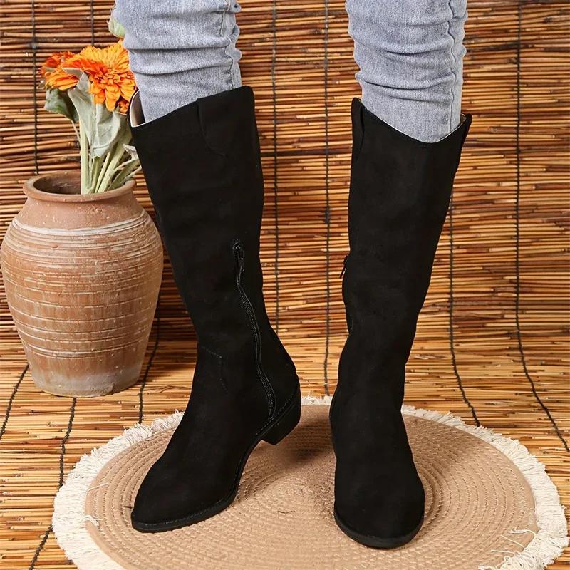 Fashion Pointed Toe Women Suede Motorcycle Boots Autumn 2024 Knee High Fashion Mid Heels Chunky Zipper Chelsea Boots Zapatos Mujer Boats