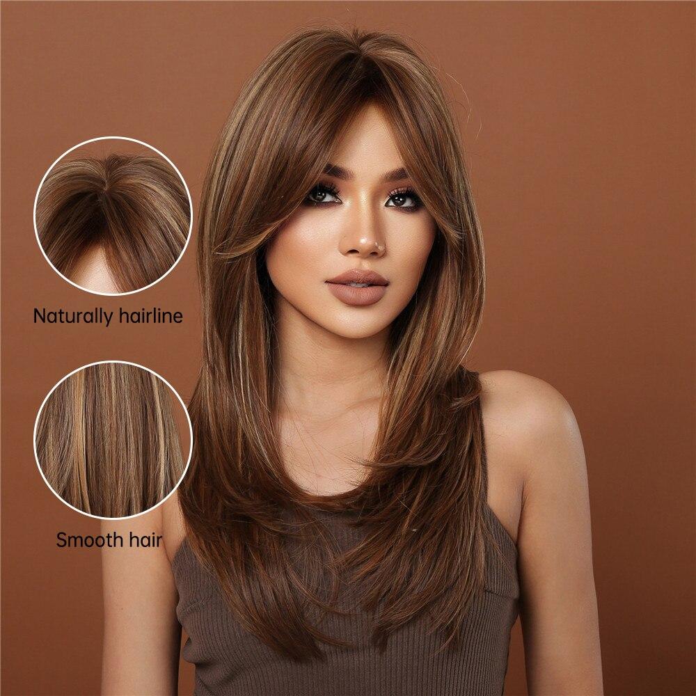 HAIRCUBE Dlouhé rovné syntetické paruky Kaštanově hnědé Smíšené blond paruky s ofinou Přírodní vrstvené cosplay vlasy odolné vůči teplu