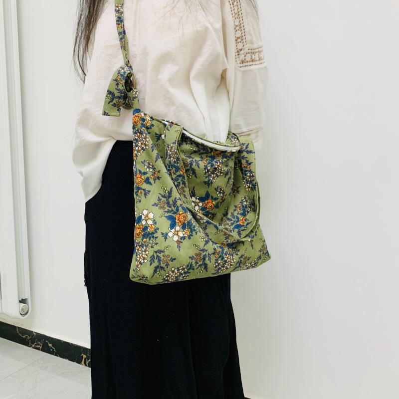Fashion Retro Floral Print Bag Large-Capacity Corduroy Shoulder Bag Casual Small Fresh Canvas Crossbody Bag