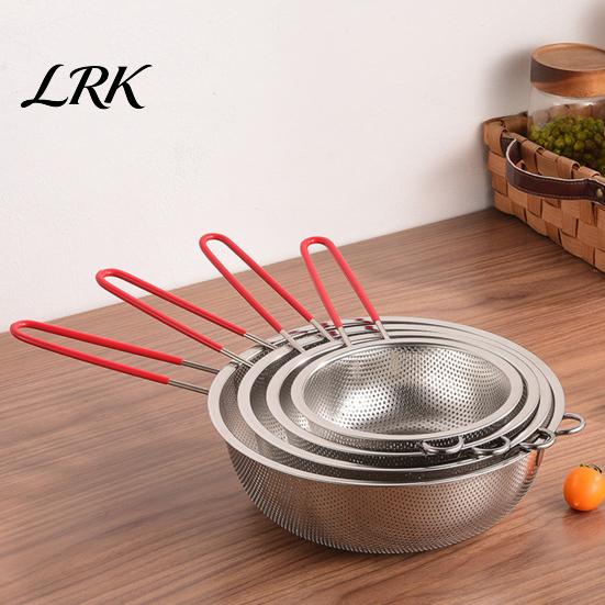 Easy Clean Food Colander Stainless Steel Rice Washing Basket, Red Handle Fine Kitchen Drain Basket Mesh Strainer, Heat-Insulating for Fruit Vegetable