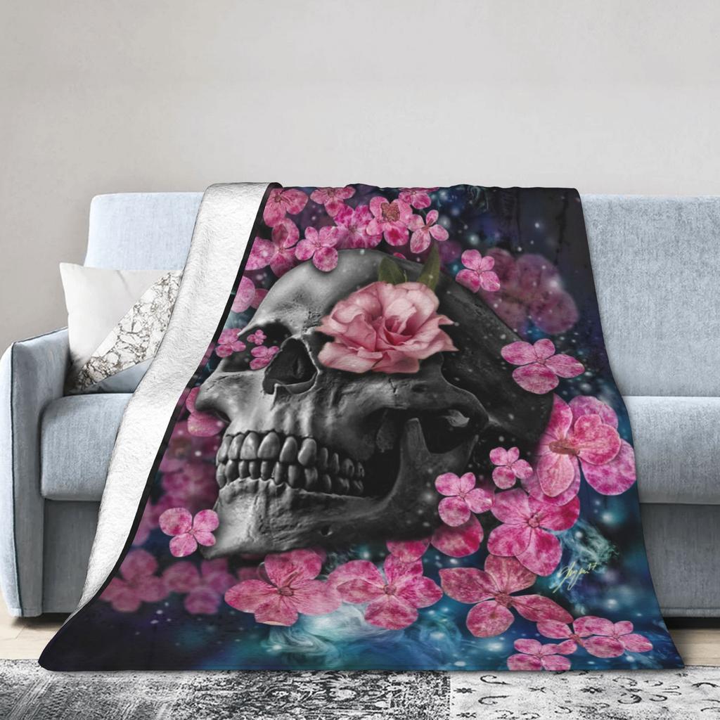 Floral Skull Blanket Cover Psychedelic Fashionable  Flannel Throw Blanket Summer Air Conditioning Decoration Soft Warm Bedsprea