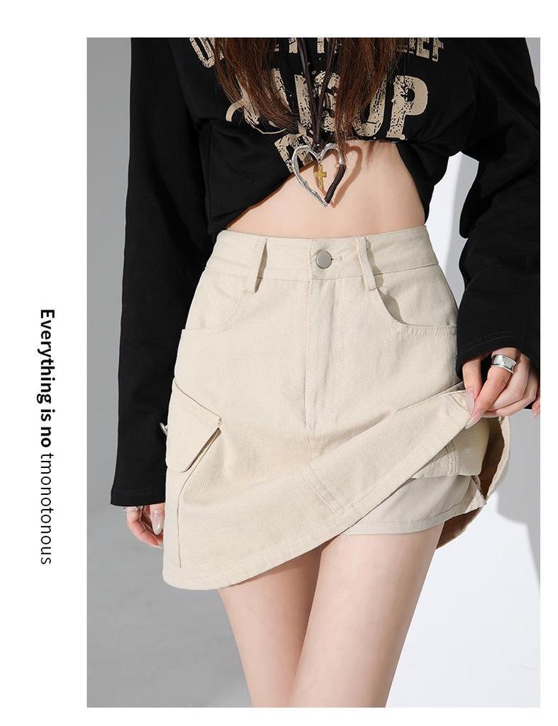 Coffee High-Waisted A-Line Denim Skirt: Women's Versatile, Multi-Pocket, Slimming Workwear Style