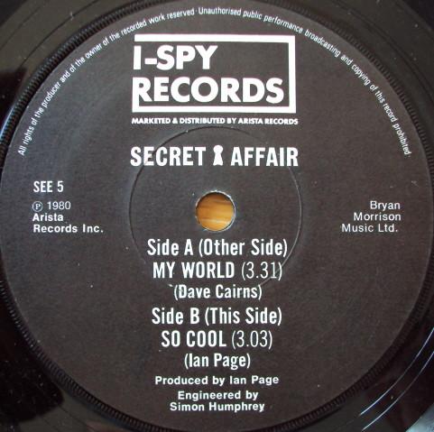 

7inch Record SECRET AFFAIR - My World SEE5 I-Spy Records 1980 UK Rock Used